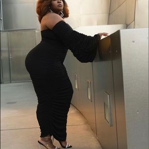 Black ruched off the shoulder maxi dress